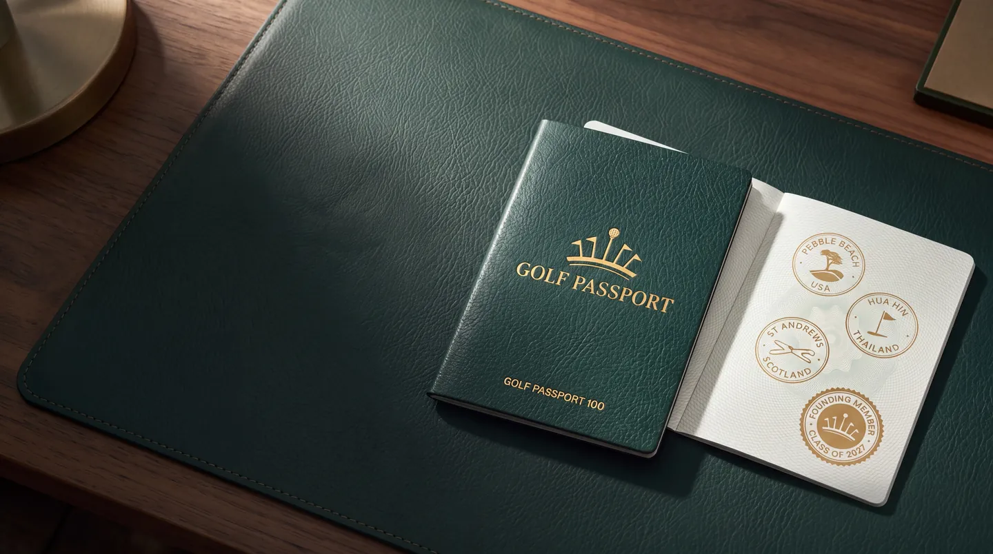 A green leather Golf Passport with the gold crown on its cover, beside an open page stamped Pebble Beach, St Andrews, Hua Hin and Founding Member, Class of 2027