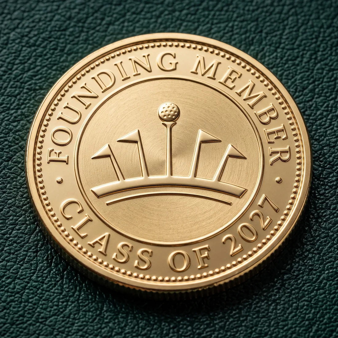 Gold Founding Member medallion, Class of 2027, struck with the crown of flags