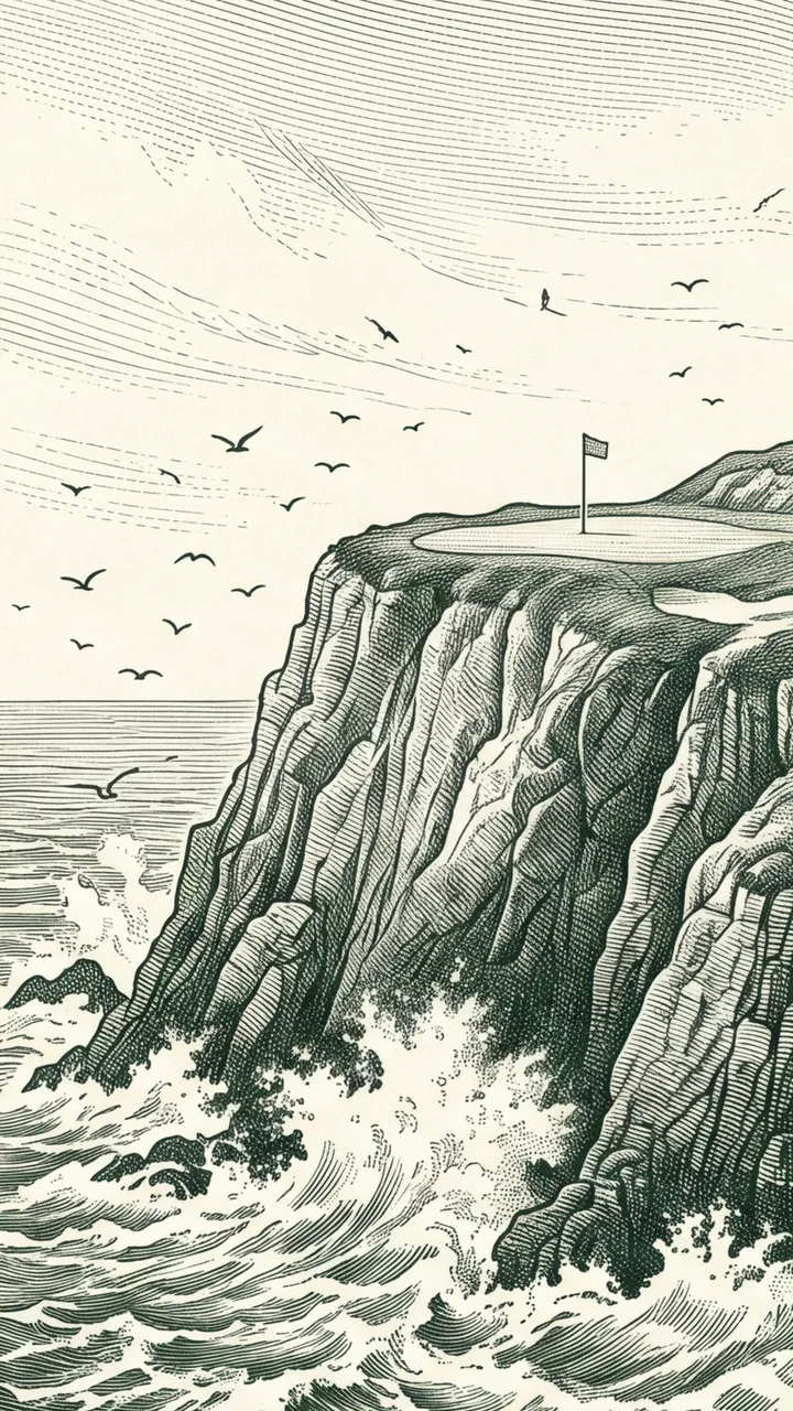 Engraving of a clifftop green above crashing waves