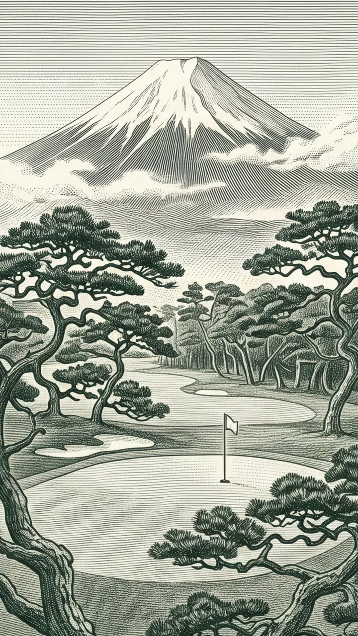 Engraving of a course among Japanese pines below a snow-capped volcano
