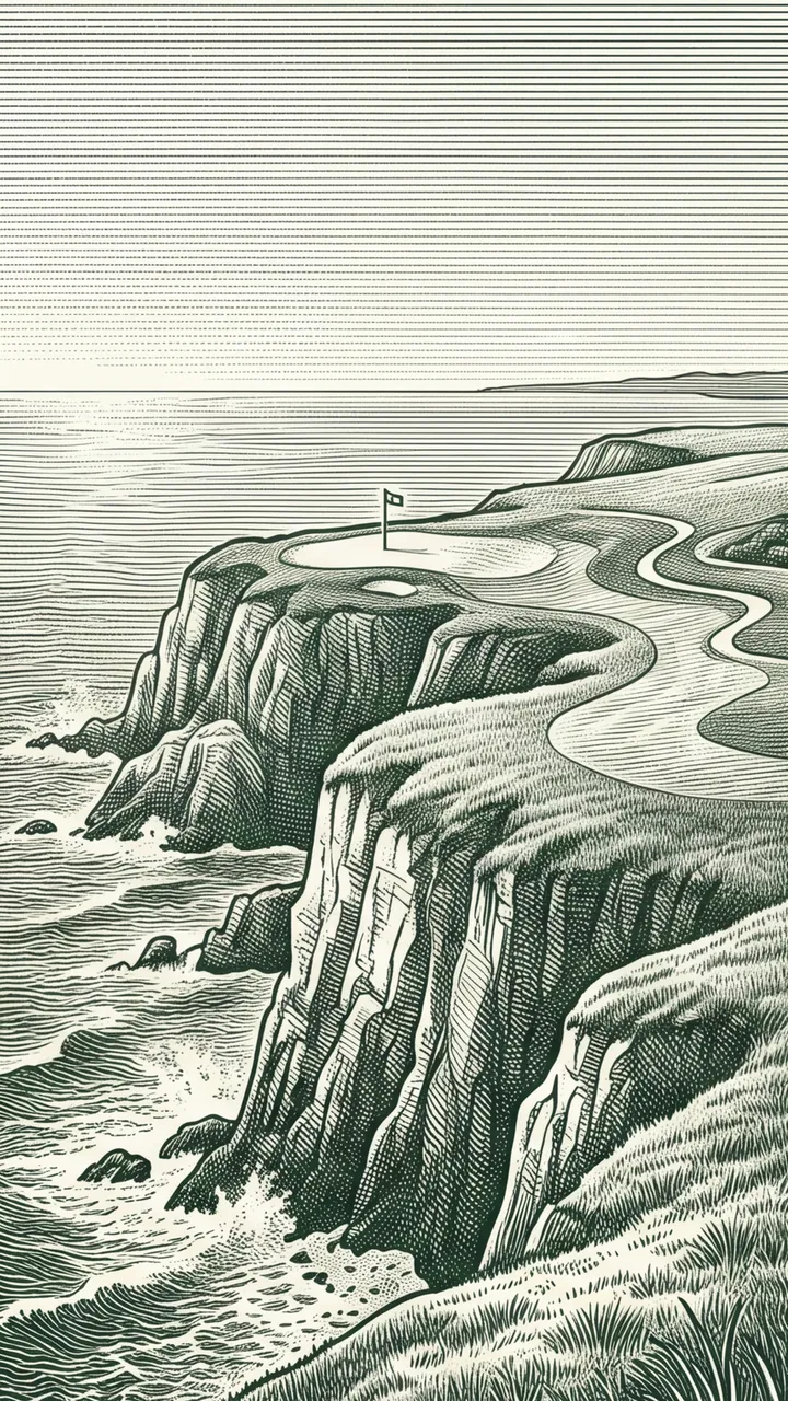 Engraving of a course on a grassy headland above sea cliffs