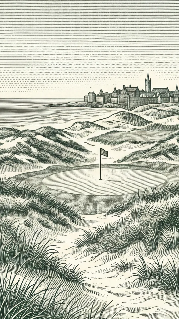 Engraving of a seaside links among dunes with an old stone town on the horizon