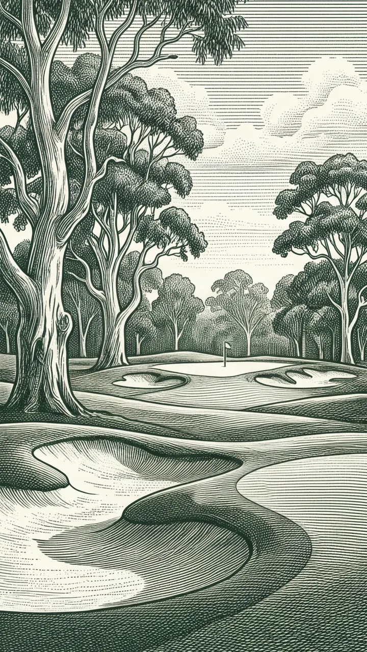 Engraving of a parkland course framed by eucalyptus with sculpted bunkers