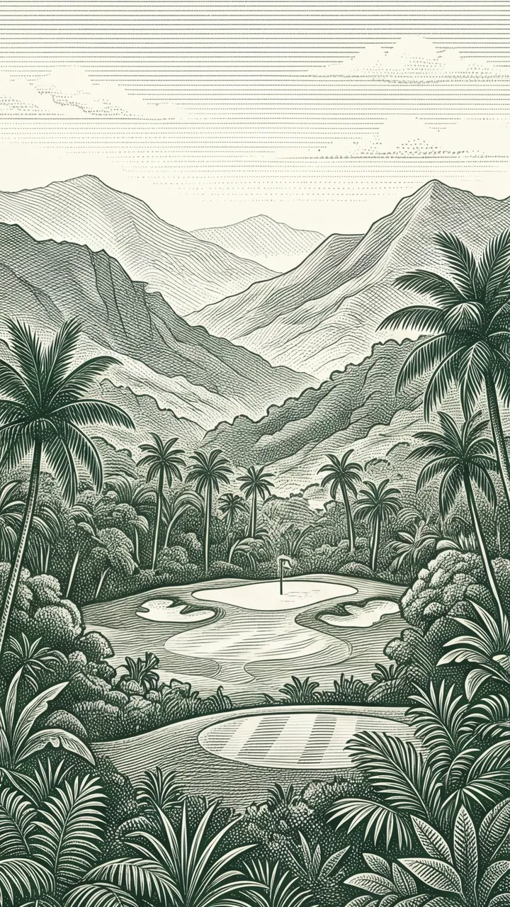 Engraving of a tropical mountain course with palms and layered hills